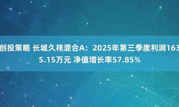 创投策略 长城久祥混合A：2025年第三季度利润1635.15万元 净值增长率57.85%